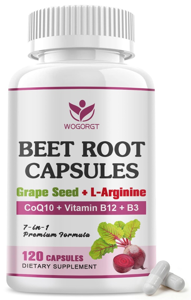 WOGORGT Beet Root Capsules - Blood Pressure Support - 800mg Beet Root Powder Supplement with Grape Seed Extract, CoQ10, L-Arginine, Vitamin B12 & B3 for Men & Women - Vegan, 120 Ct