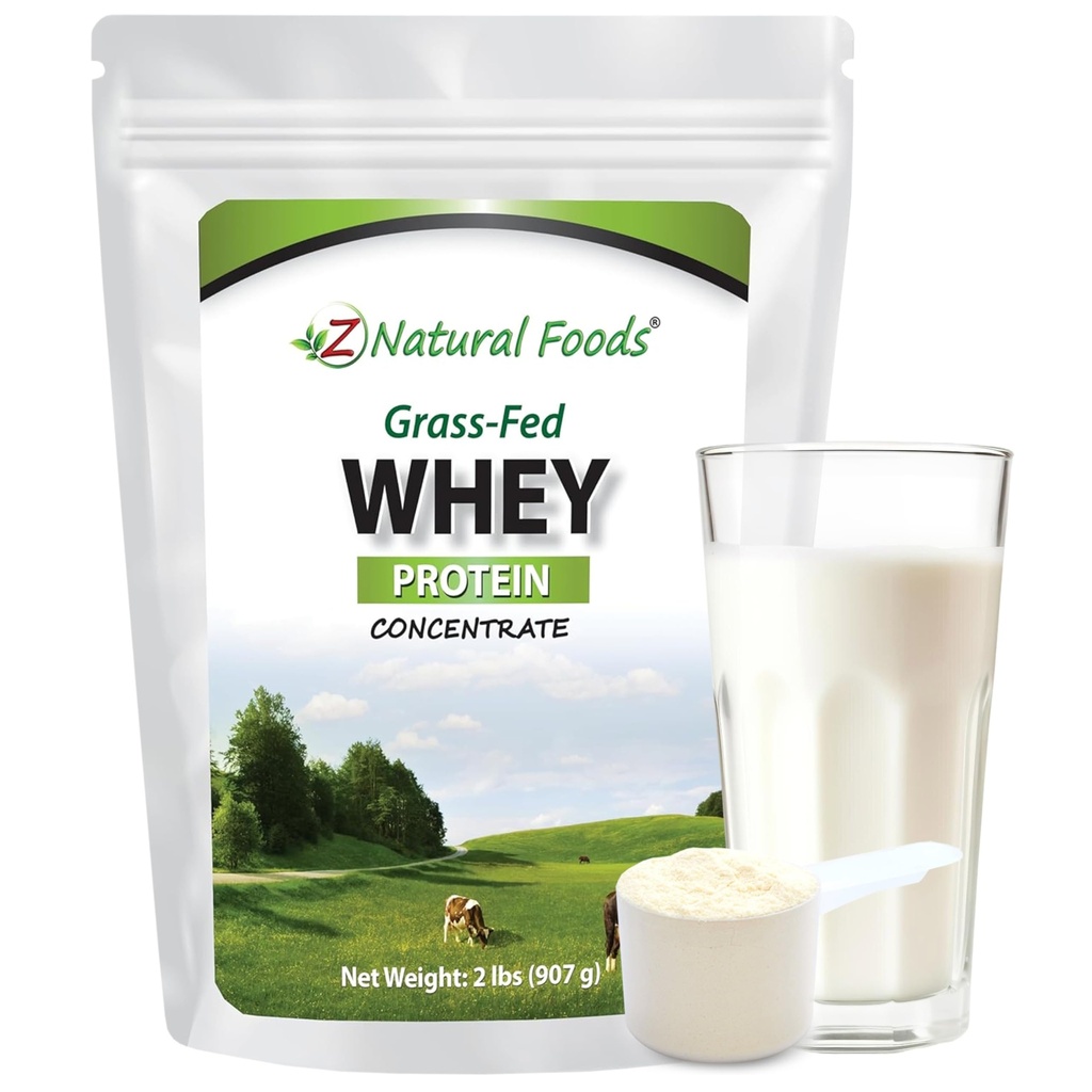 Z Natural Foods Grass-Fed Whey Protein Concentrate - Clean Whey Protein Powder from New Zealand - Cold Processed Pure Whey Protein with Essential Amino Acids for Nutrition & Fitness, Unflavored, 2 lbs