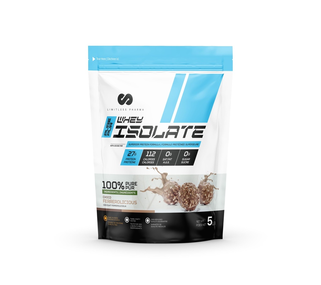 Limitless Pharma Pure Whey Isolate | High Protein Whey Isolate Protein Powder | 27g Protein, 6g BCAAs, Sugar Free, Gluten Free, Low Carb, Low Lactose | 74 Servings, 5LB (Choco Ferrerolicious)