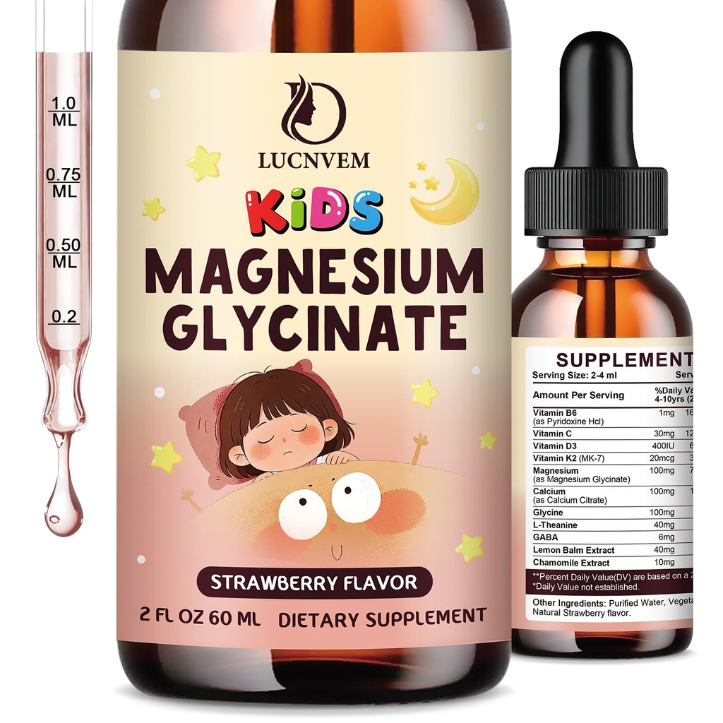 (2 Pack) Magnesium Glycinate Liquid Drops for Kids 4+, Magnesium Glycinate 100/200 mg for Sleep, Relaxation and Calm Support, 11 in 1 Natural Gentle Sleep Aid for Kids, Sugar Free Strawberry Flavor