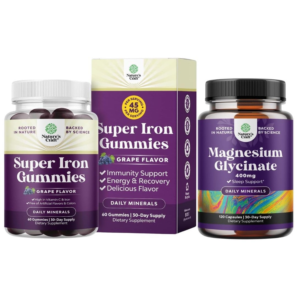 Bundle Delicious Iron Gummies für Damen und Herren - Eisen Supplement für Damen und Herren mit Vitamin C für höhere Absorption und reines Magnesium Glycinate 400mg pro Servierung für Mood Schlaf und Entspannung
