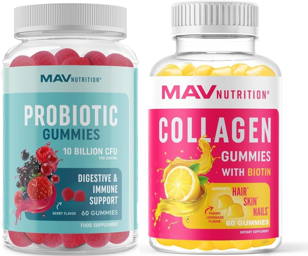 MAV NUTRITION Kollagengummis für Frauen und Probiotische Gummie | Haar, Haut, Nägel und Gut Health Support mit Biotin, Vitamin C und 5 Billion CFU | 60 Gummis Jede