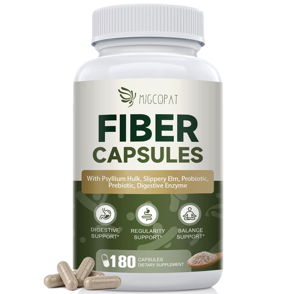 Migcoapat Fiber Capsules with Psyllium Husk, Fiber Supplement with Prebiotic Probiotic & Digestive Enzymes, Slippery Elm & Aloe Vera, Supports Gut Health & Regularity for Women & Men - 180 Capsules
