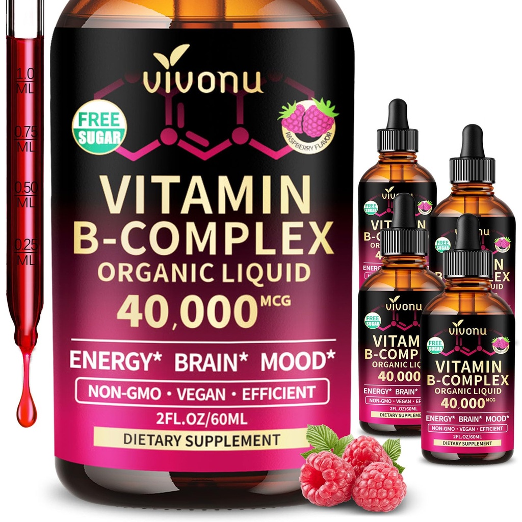 VivoNu Vitamin B Complex Liquid Drops, Methylated Vitamin B12 6000 mcg, B1, B6, B3, B5, B2, Folate, Biotin with Vitamin C D A E, Magnesium, Zinc, CoQ10 for Energy (4 Bottle)