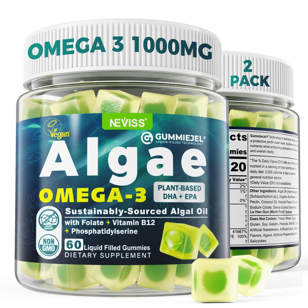 2 Pack Algae Omega 3 Gummie 1000mg, Pflanzenbasierende DHA 460mg & EPA 230mg, Omega 3 Fischöl Alternative für Erwachsene, Plus MethylFolate, Vitamin B12, Phosphatidylserine, Kein Fischgeschmack, Vegan, Zuckerfrei
