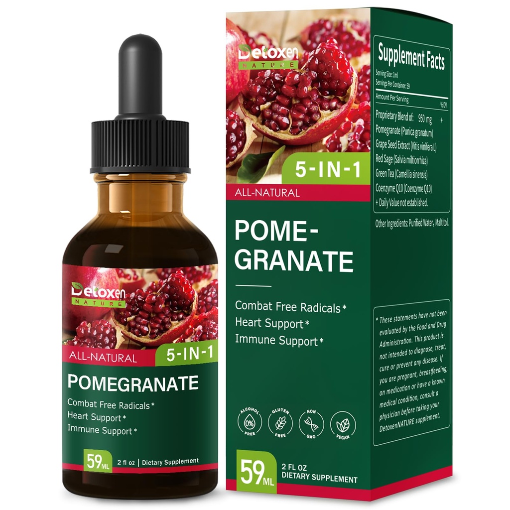 Organic Pomegranate Extract Liquid Tincture for Heart Health & Immune Support, 5-in-1 Fast Absorbing Herbal Supplements with Grape Seed Coenzyme Q10 Green Tea. 2 oz