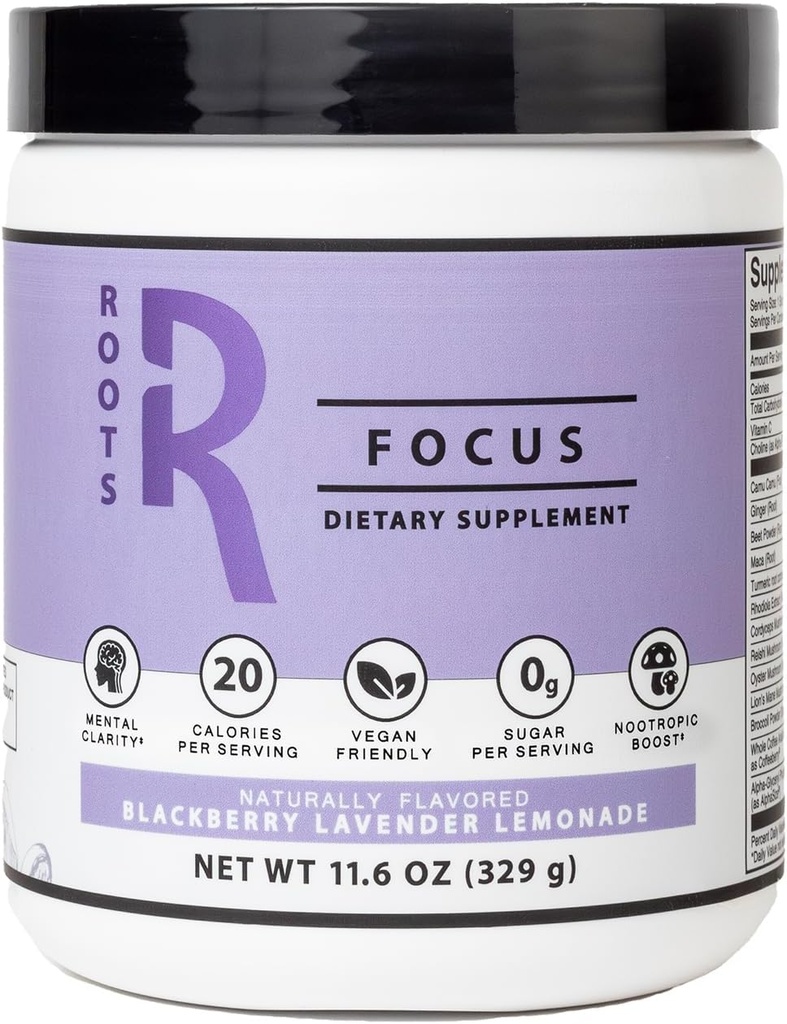Silver Star Nutrition, Roots Focus Nootropic Brain Supplement - BlackBerry Lavender Lemonade, Blend of Lion's Mane, Cordyceps, & Reishi Functional Mushrooms + Extended-Release Caffeine, 50 Portionen