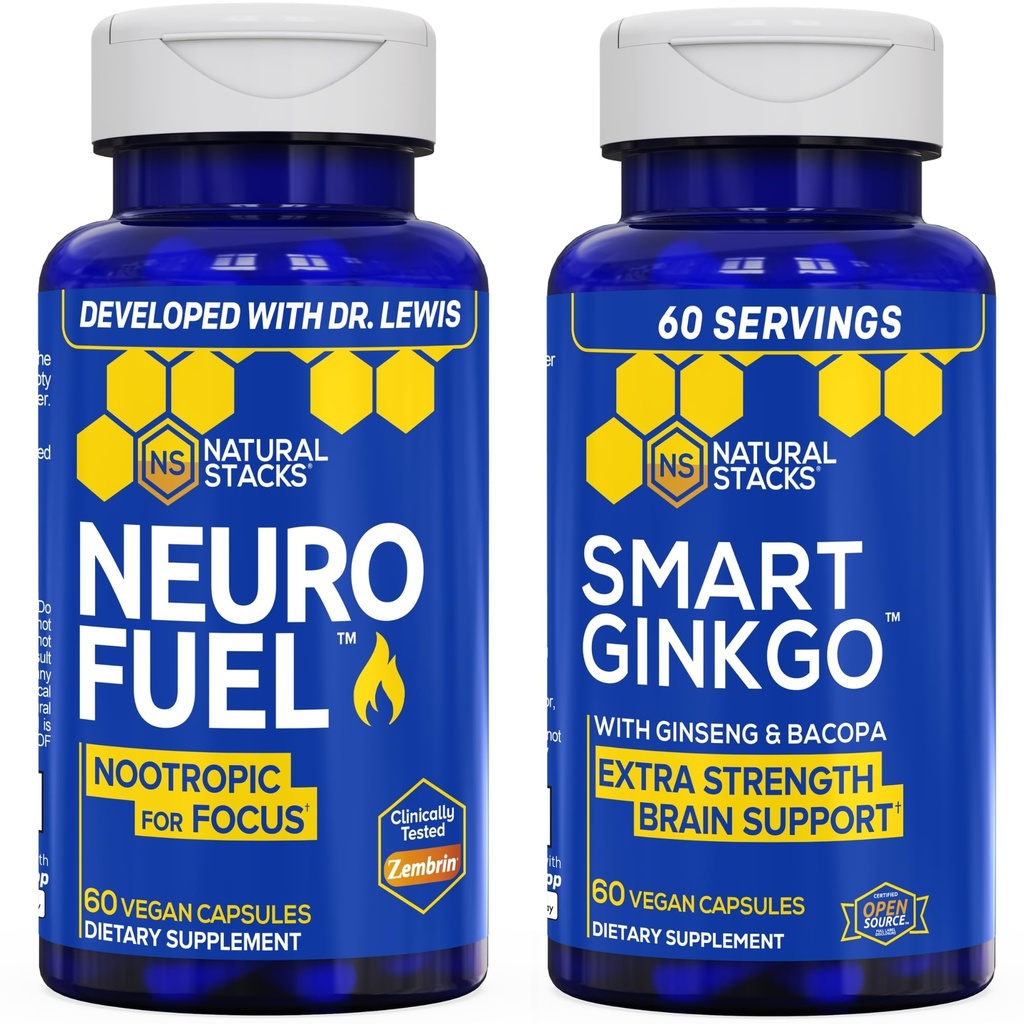 NATURAL STACKS NeuroFuel Nootropic w/Zembrin & Smart Ginkgo Biloba Supplement Bundle - Kanna Extract & Ginkgo Biloba Supplement - Supports Focus - 90 Total Servings