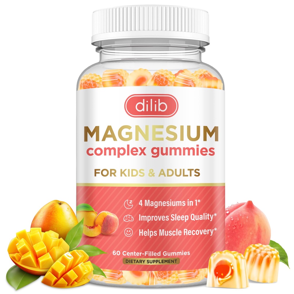 Magnesium Complex Gummies for Kids & Adults- Magnesium Glycinate, Taurate, Citrate, Malate Supplement-Support Calm Stress Relief, Bone, Muscle, Mood Vegan, Peach & Mango Flavor, 60 Gummies