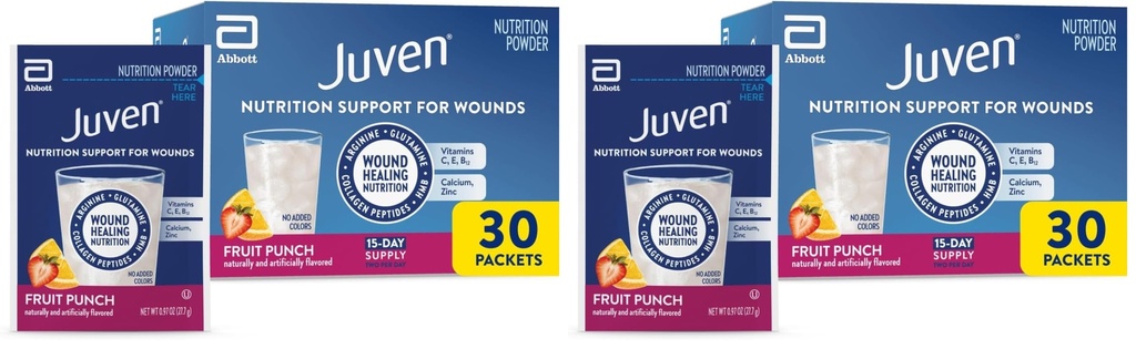Juven Therapeutic Nutrition Drink Powder Including Collagen Peptides, Amino Acids, and HMB for Wound Healing Support, Fruit Punch, 30 Count (Pack of 2)