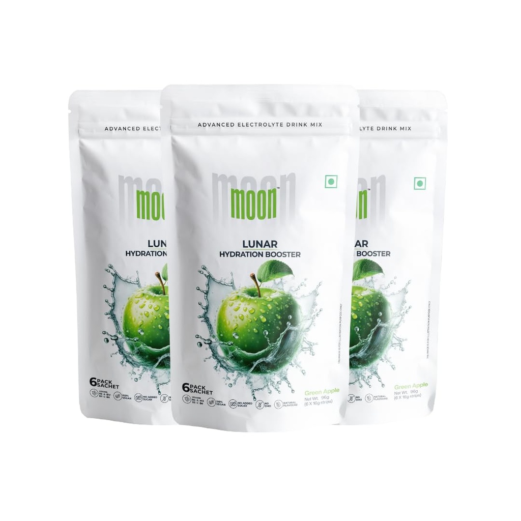 MOON Lunar Green Apple Hydration Booster Energy Drink Mix Natural & Healthy Electrolytes Mix Instant Daily Hydration & Energy Boost Post Workout Energy Powder Pack of 3(16g X 18 Sachets)