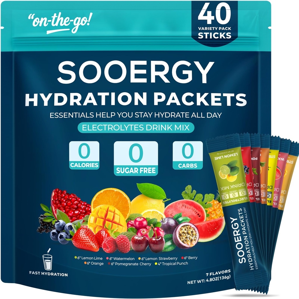 Electrolytes Powder Packets Sugar Free Hydration Packets, 7 Flavors Liquid Daily IV Electrolyte Drink Mixex for Rehydration with Electrolytes, Vitamins, 0 Calorie, 40 Sticks