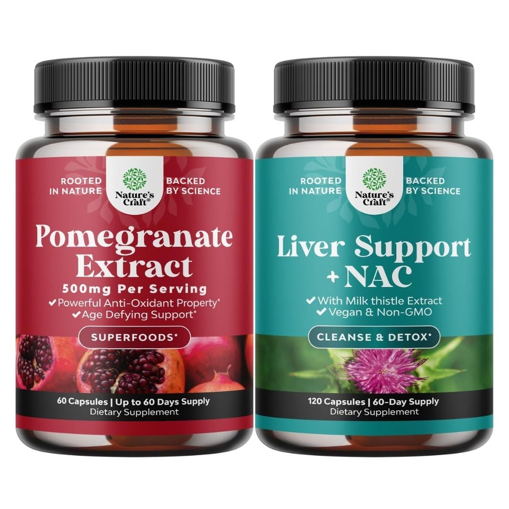 Bundle of Pomegranate Extract Capsules Antioxidant Supplement for Heart Health Joint Support and Liver Support NAC Supplement with Milk Thistle for Liver Cleanse Detox & Repair - N Acetyl Cysteine