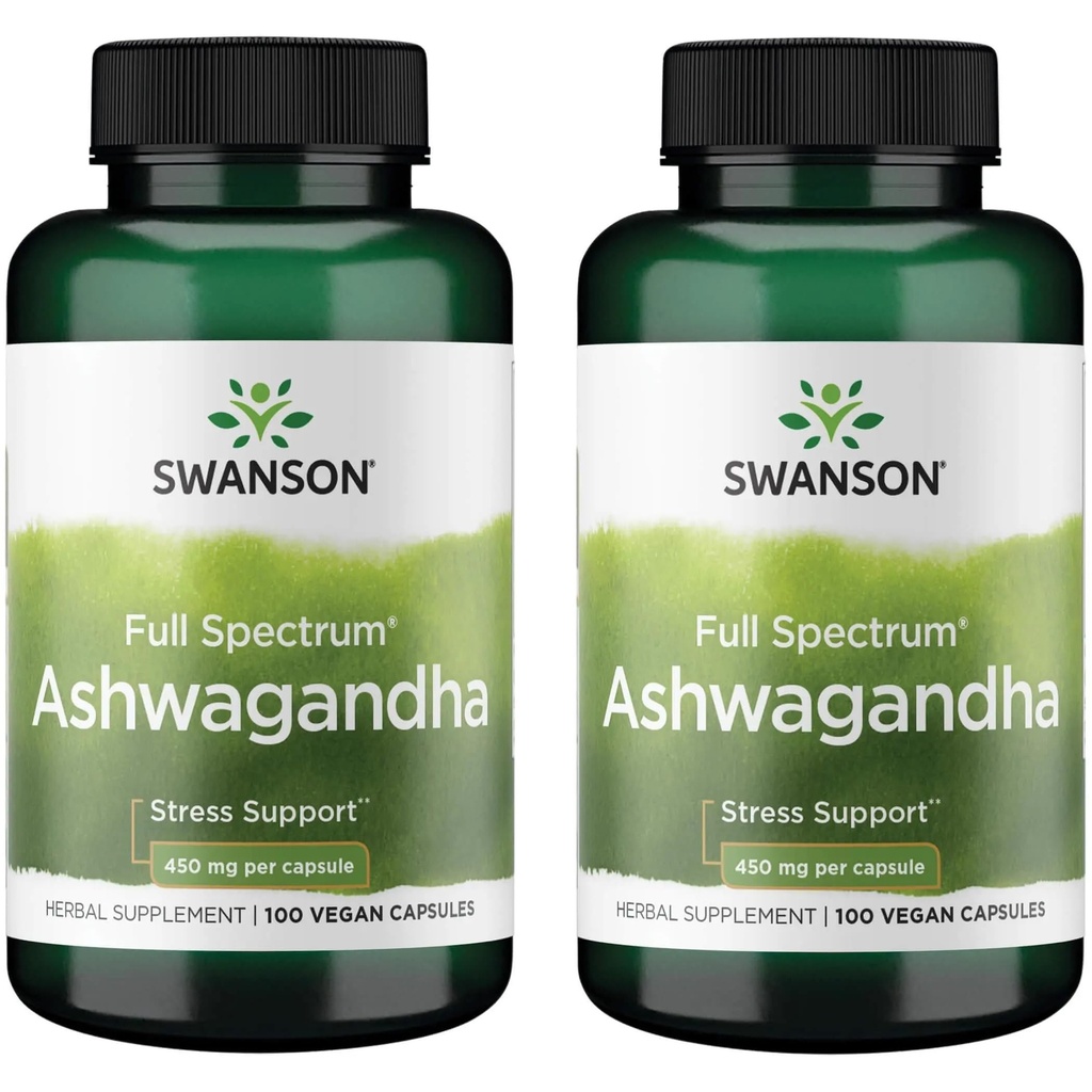 Swanson Ashwagandha Pulver-Ergänzung - mit Ashwagandha Wurzel zu fördern Stress Entlastung & Energie - Ayurvedische Ergänzung für natürliches Wellness (100 Kapseln, 450mg Jeder) 2 Packung
