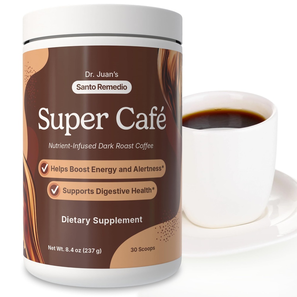 Santo Remedio Super Café, Coffee Powder with Prebiotic Fiber & Mushrooms, Dark Roast, 100 mg Caffeine, Green Tea & Green Coffee, Lion’s Mane & Ashwagandha, 30 Servings