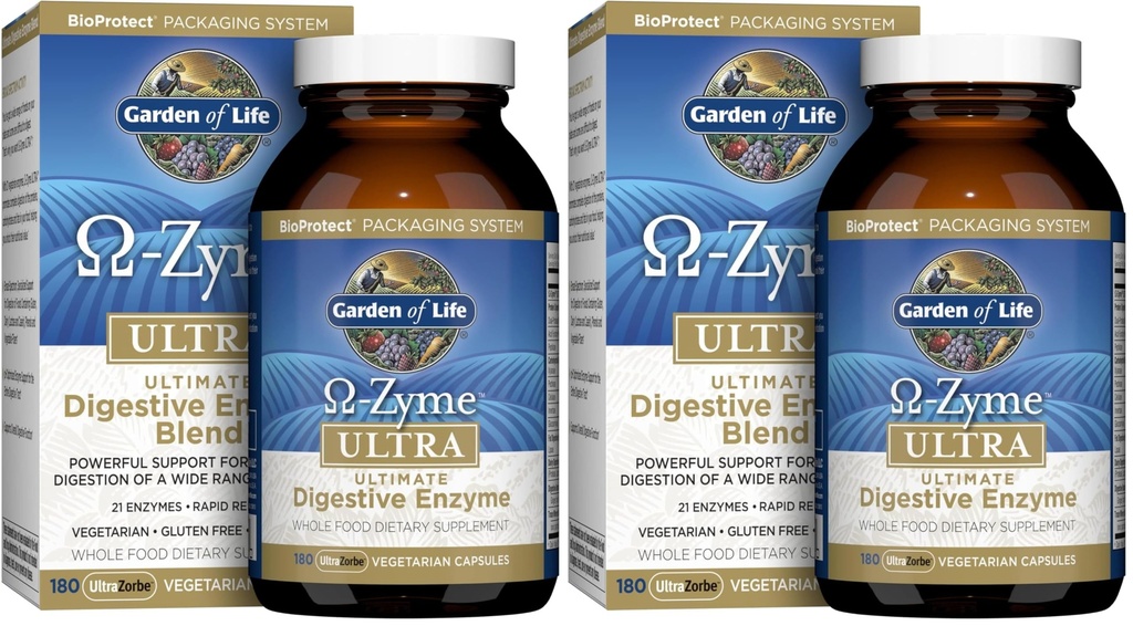 Garden of Life 21 Powerful Digestive Enzymes- Papain, Bromelain,Lipase,Ginger,Turmeric for-Complete Digestion of Protein,Carbs & Fats-Omega-Zyme Ultra, Gluten-Free,Vegetarian,180 Capsules,(Pack of 2)