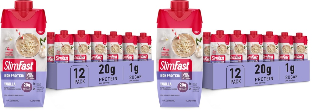 SlimFast Protein Shake,Vanilla- 20g Protein,Meal Replacement Shake Ready to Drink,High-Protein with Low Carb and Low Sugar,24 Vitamins and Minerals,(Packaging May Vary),(Pack of 24)