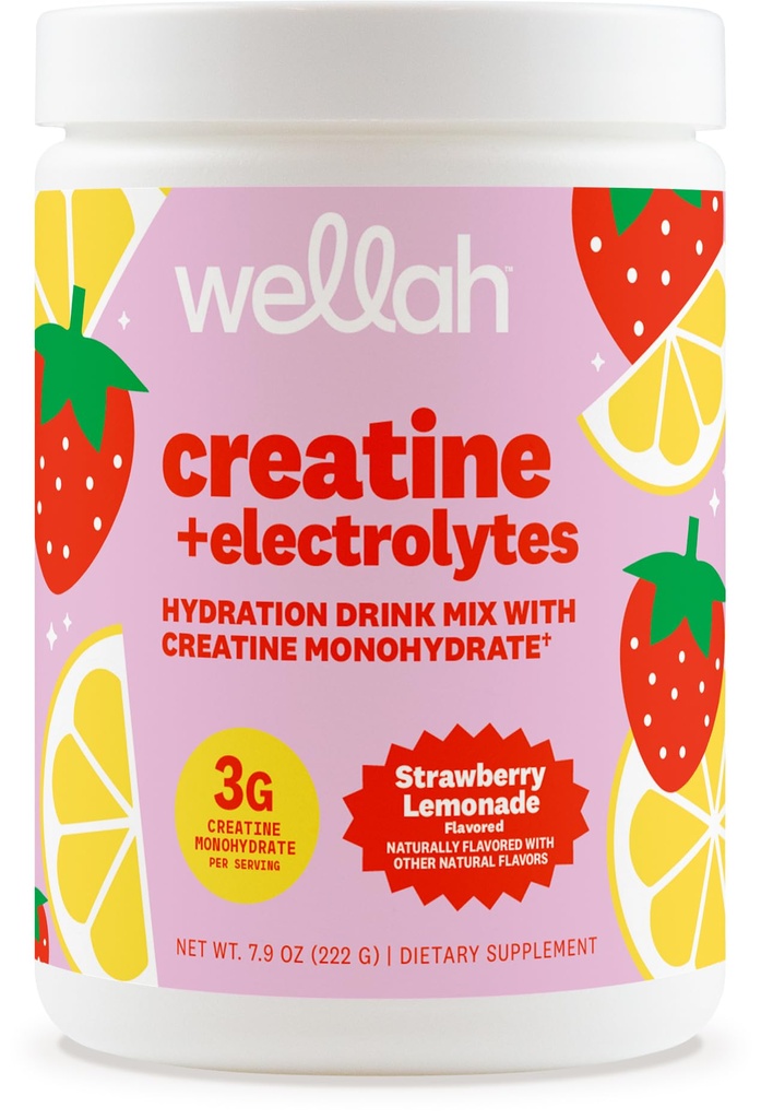 Wellah Creatine + Electrolytes Powder (Strawberry Lemonade) 30 Servings - Hydration Drink Mix with 3g of Creatine Monohydrate