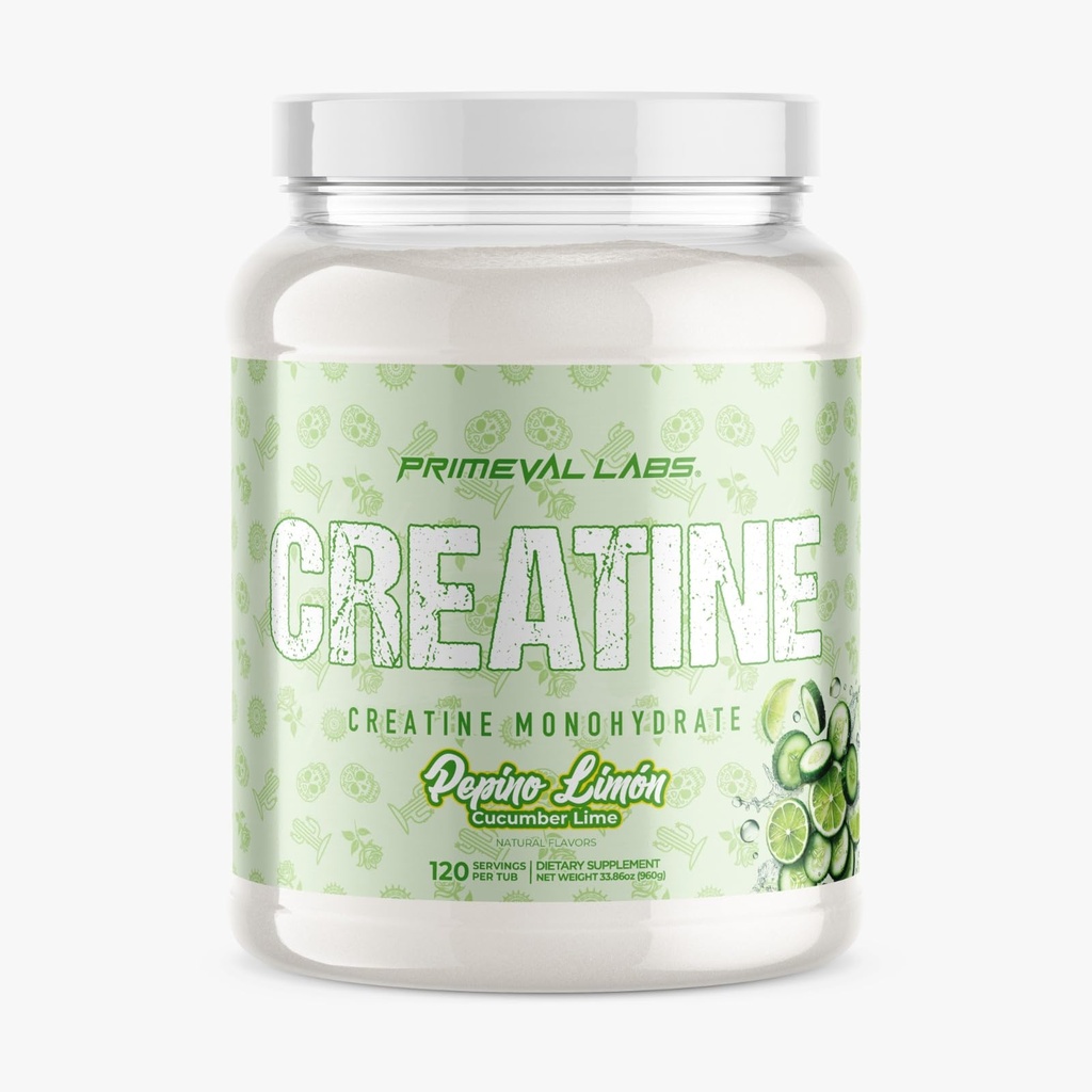 Primeval Labs Clean Creatine Monohydrate Powder | Flavored Powder for Muscle Strength & Recovery | Latin Aqua Fresca Flavors | Workout Supplement for Men & Women | 120 Servings | Pepino Limon