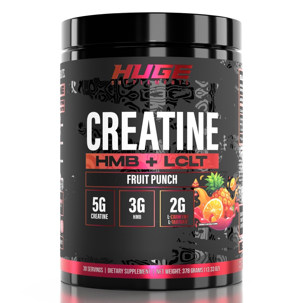 Huge Creatine HMB + LCLT, 5g Micronized Creatine Monohydrate with 3g HMB & 2g L-Carnitine L-Tartrate for Muscle Growth, Increased Strength, Enhanced Recovery & Improved Performance (Fruit Punch)