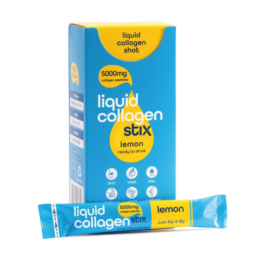 Hydrolyzed Liquid Collagen Peptides for Women & Men - Grass-Fed Bovine Protein Supplement for Hair Growth, Skin and Nails (Pack of 28, Lemon)