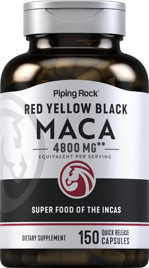 Piping Rock Maca Root Kapseln | 4800mg | 150 Pulver Pillen | für Frauen und Männer | Rot, Gelb und Schwarz | Non-GMO, Glutenfreie Ergänzung