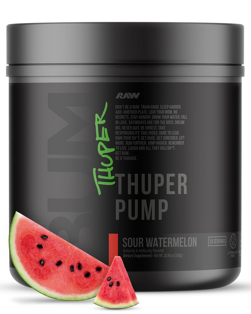 RAW Thuper Pump Stim Free Pre Workout Powder - High-Dosage Caffeine-Free Pre Workout for Max Muscle Pumps & Strength Building - Non-Stimulant Preworkout with Creatine - 20 Servings, Sour Watermelon