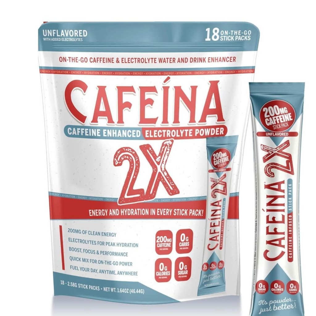 CAFEINA 2X - 200mg Koffein und Elektrolyt Infused Pulver Stick Packs (18 Zähler)