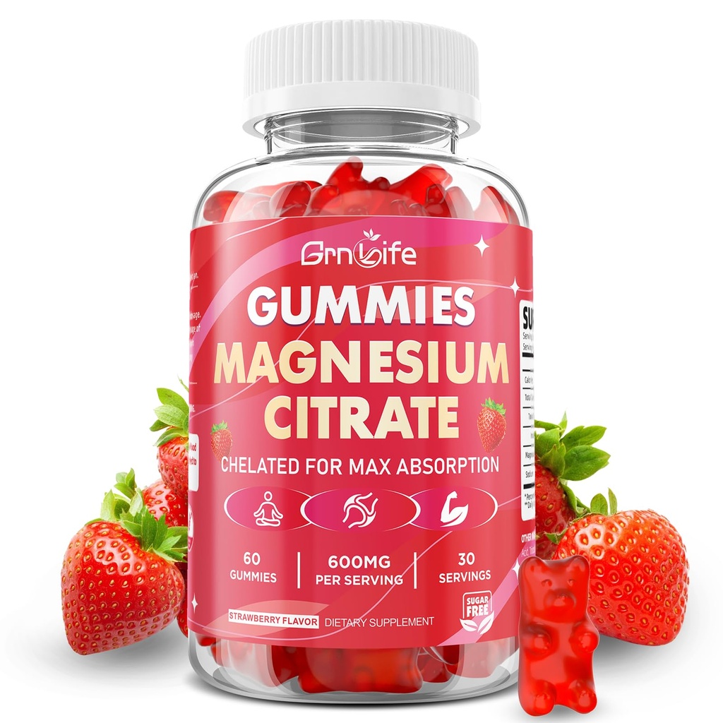 Magnesium Citrate Gummies 600mg for Women Men, High Absorption Magnesium Supplement Gummies for Calm, Relaxation, Muscle Health, Vegan, Strawberry Flavor, 60 Count