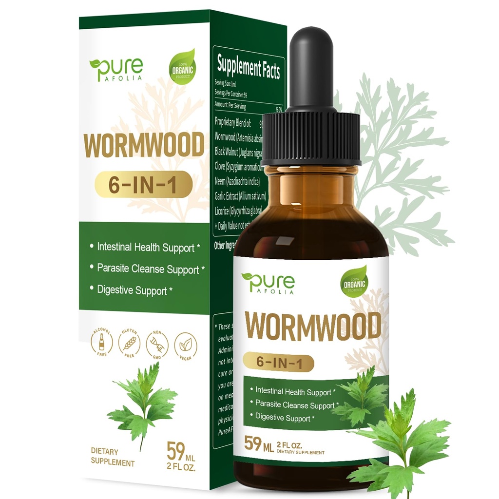 Wormwood Extract Drops Infused with Black Walnut, Clove & More for Intestinal Health & Gut Cleanse, 6-in-1 Herbal Digestive Support Liquid Tincture Supplement. Alcohol-Free, Non-GMO.2 oz