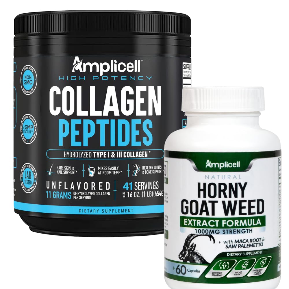 Multi Collagen Peptides Powder + Horny Goat Weed Supplement – Type I & III Collagen for Hair, Skin + Herbal Blend with Maca, L-Arginine & Tongkat Ali – Energy & Vitality Support – 41 Servings
