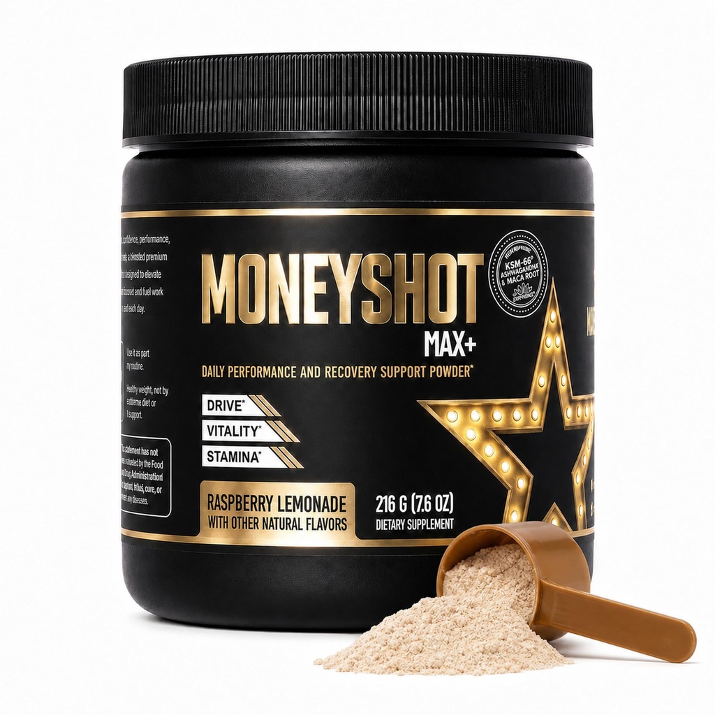 Moneyshot Max+ Men’s Daily Performance Powder, 30 Servings | Made in USA with KSM-66 Ashwagandha, L-Arginine & Maca to support vitality, stamina and daily drive