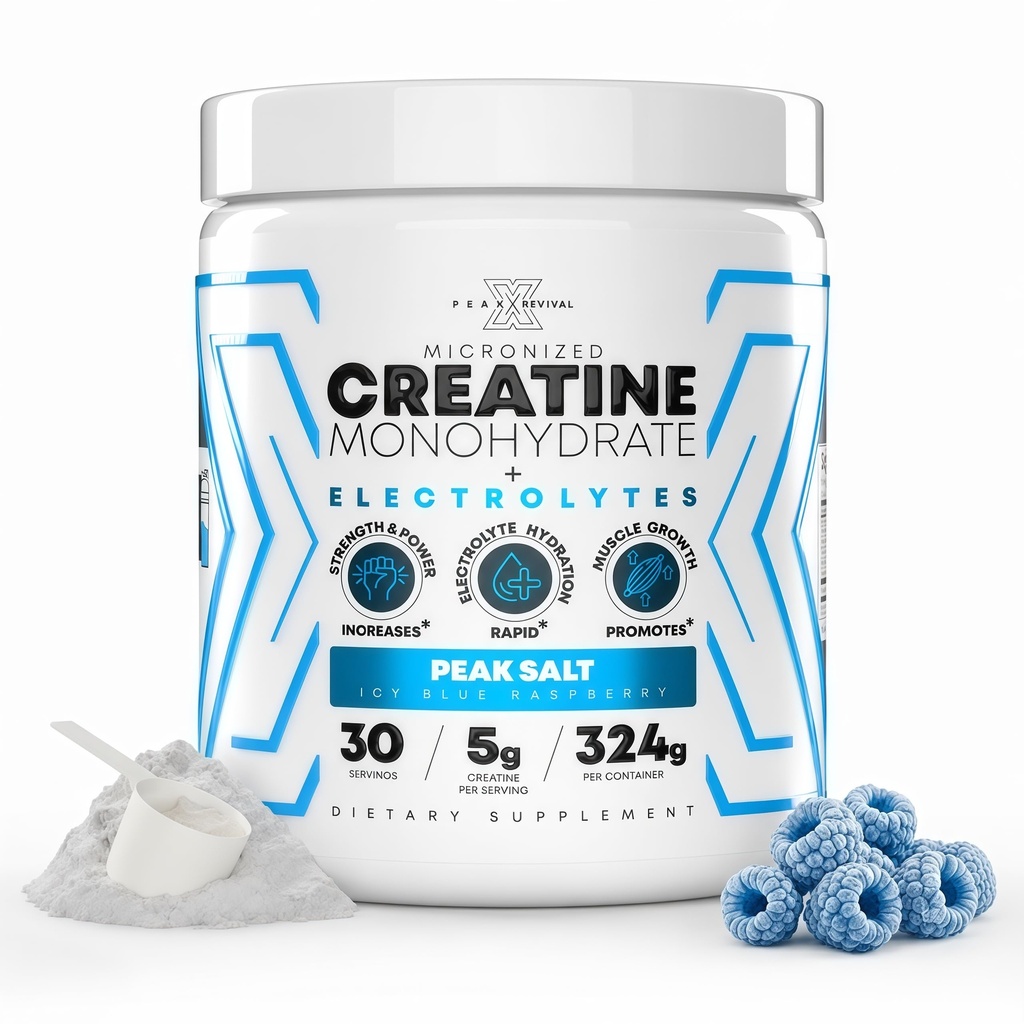 Peak Revival-X Creatine Monohydrate Powder + Electrolyte Hydration Salt Powder, ICY Blue Raspberry – Gluten-Free, Vegan, Non-GMO Supplement, 5000mg (5g) Per Serving, 30 Servings, 324g Per Container