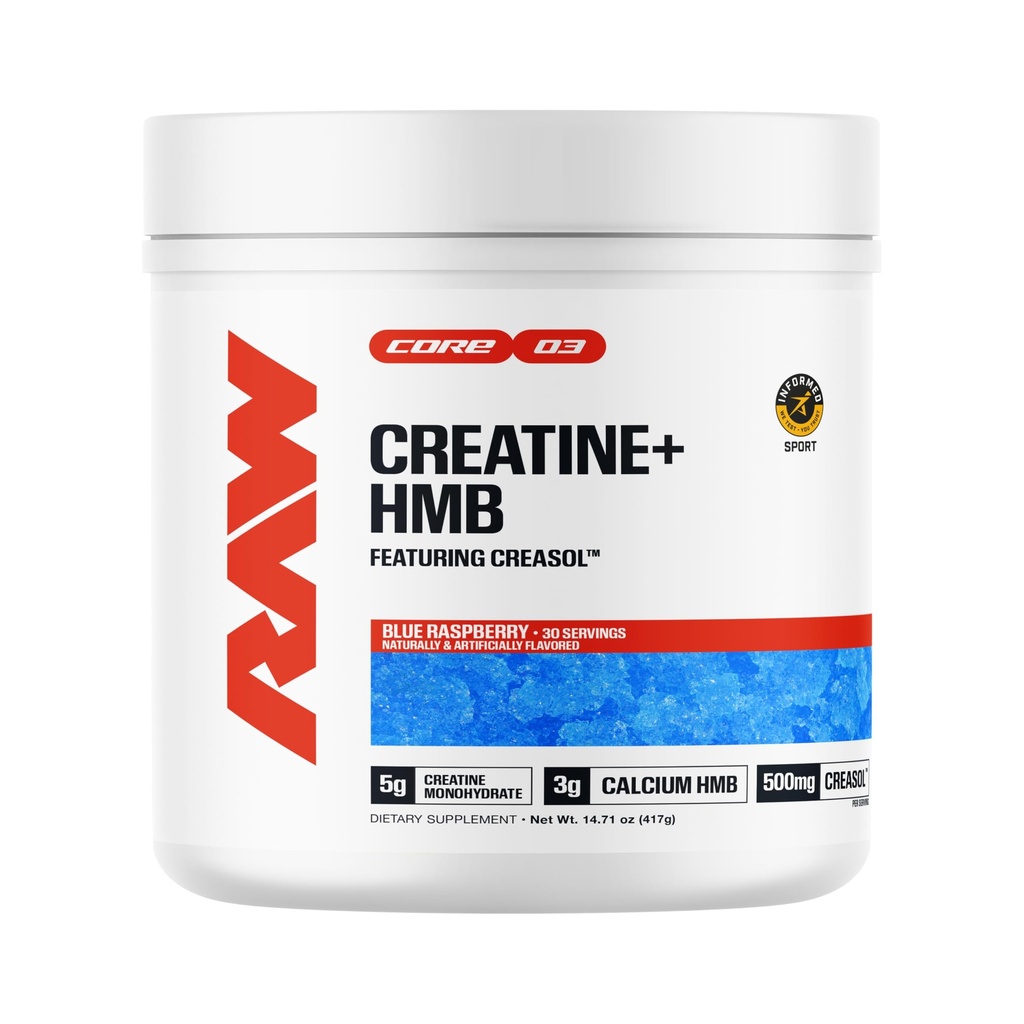 RAW Creatine Plus HMB, Blue Raspberry, Creatine HMB Powder - Creatine Monohydrate Powder with 3G HMB, Taurine & No Added Sugar, Muscle Mass Growth, Strength Building & Enhanced Energy, 30 Servings