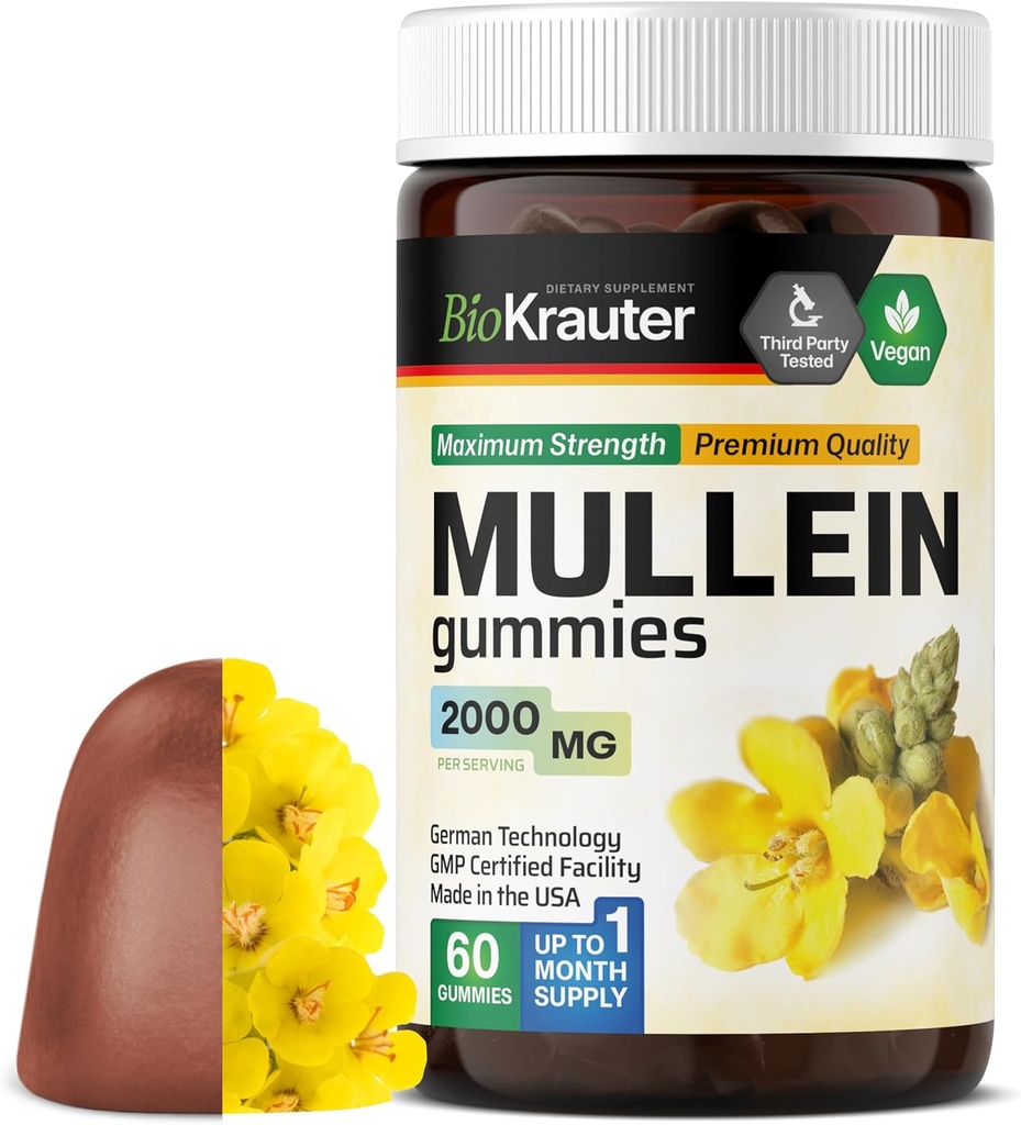 BIO KRAUTER Mullein Gummi für Lunge 2000 mg - 60 Chews - Lung Detox Supplement - Mullein Leaf Gummies - Vegan, Gelatine-frei