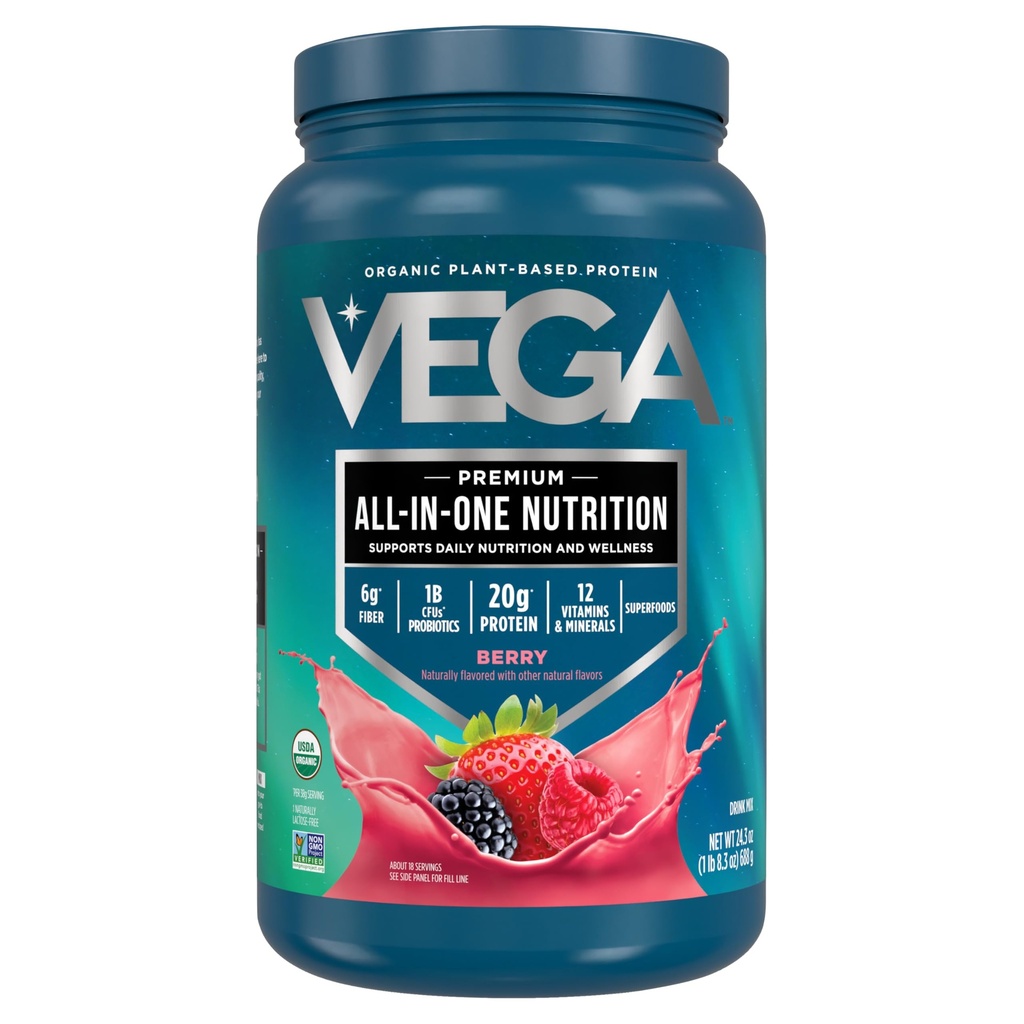 Vega All in One Nutrition Organic - 20g Pflanzenbasierte Pea Protein, Berry, 20 Portionen, Vitamine A & C, Probiotics, Greens, Vegan, Keto, Gluten Free, 24.3oz (Packaging May Vary)