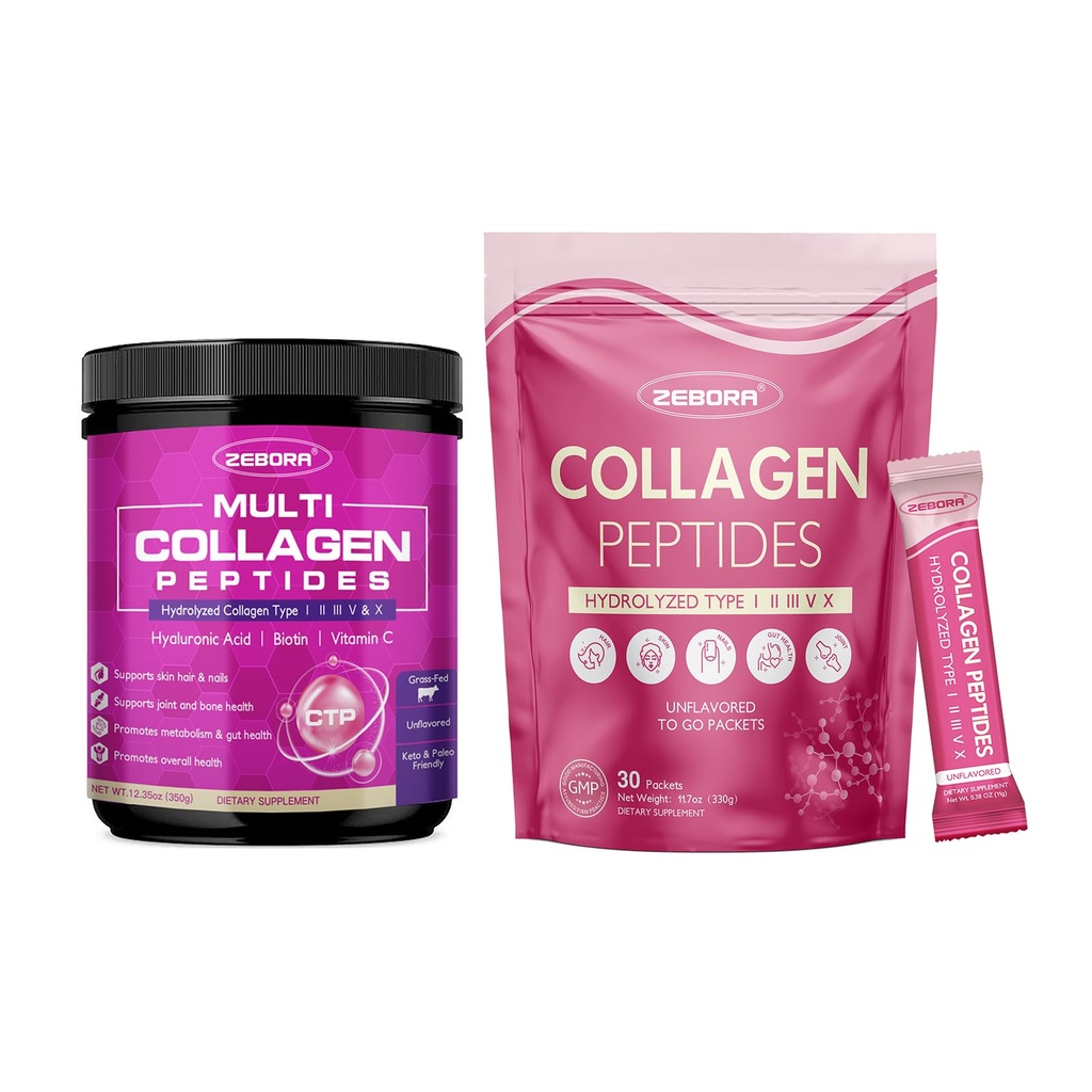 ZEBORA Multi Collagen Peptides Powder - Hydrolyzed Collagen Type I II III V X with Hyaluronic Acid, Vitamin C, MCT, Probiotics - Support Skin Hair Nail Joints & Gut Health, Keto Friendly