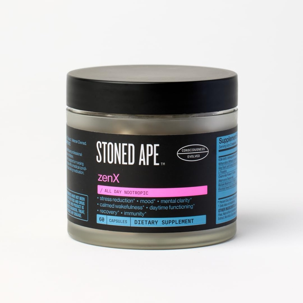 Stoned Ape ZenX - Nootropic & Adaptogenic Brain Supplement - Mood, Recovery Support, Cortisol Management - KSM66 Ashwaganda, L-Theanine, Holy Basil, Maitake - Keto, Paleo, Vegan - NSF Sport Certified