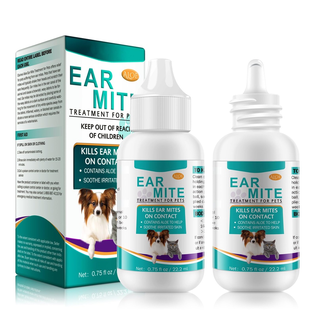 Ear Mite Treatment for Dogs and Cats,Ear Infection Treatment Drops,Relief for Dogs and Cats Suffering from Ear Mites, Pets Ear Cleaning Drops with Soothing Aloe for Dog & Cats (1.5 Fl Oz (Pack of 2))