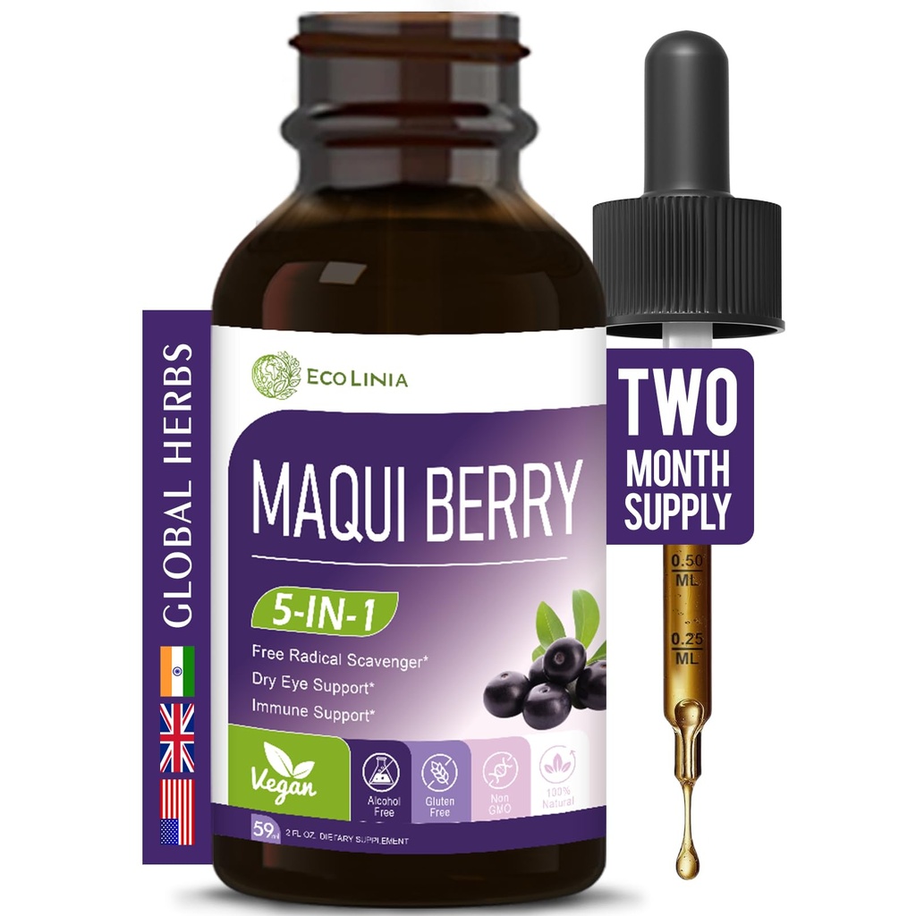 Maqui Berry Drops for Eye Health, Immune & Dry Eye Support, All in 1 Formula Supplement Tincture w/Lutein Zeaxanthin & Bilberry Eyebright Herb Extract. 2 oz