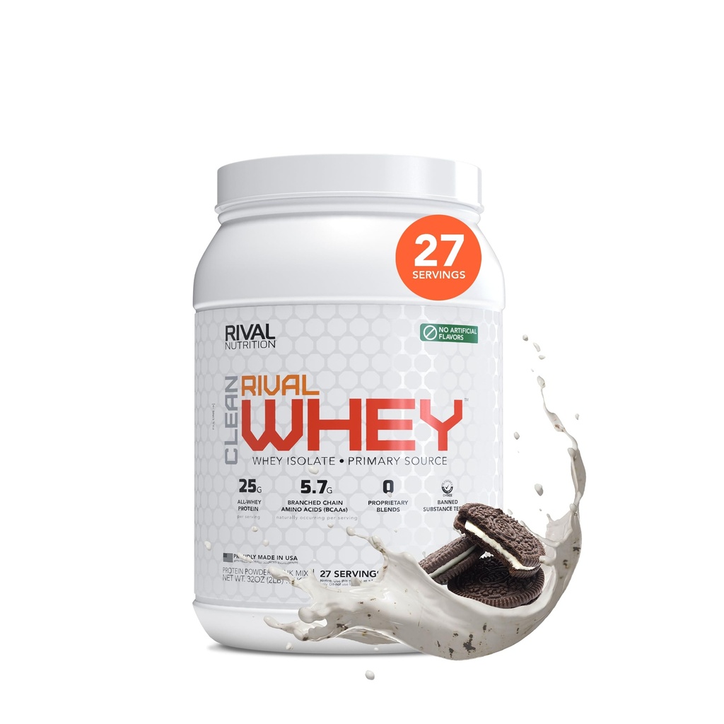 RIVAL NUTRITION Clean Rival Whey Cookies and Cream Protein Powder I Whey Isolate Primary Source I 2 Lb, 27 Servings I No Artificial Flavors or Colors I 25g Protein Per Scoop | Muscle Recovery
