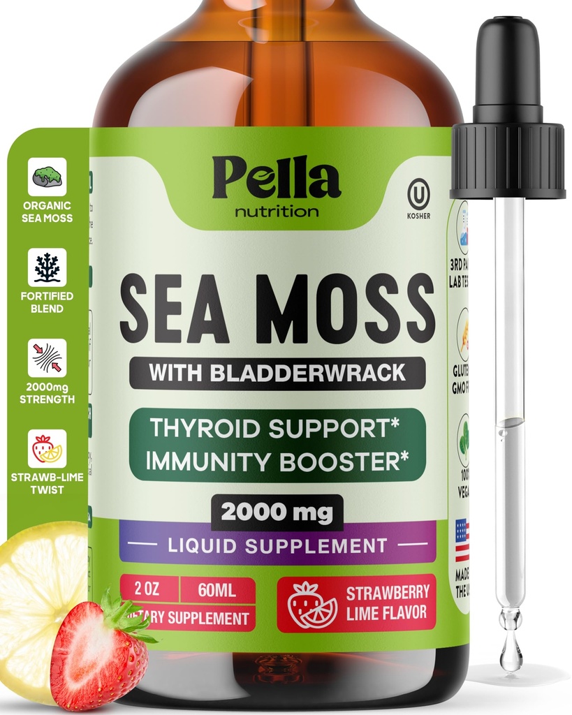 Pella Nutrition Sea Moss Tropfen mit Bladderwrack – 4X schnellere Absorption als Irish Sea Moss Gel Superfood, Gummie und Kapseln – Digestive & Immun Support Supplement (Strawberry Lime, 60mL)