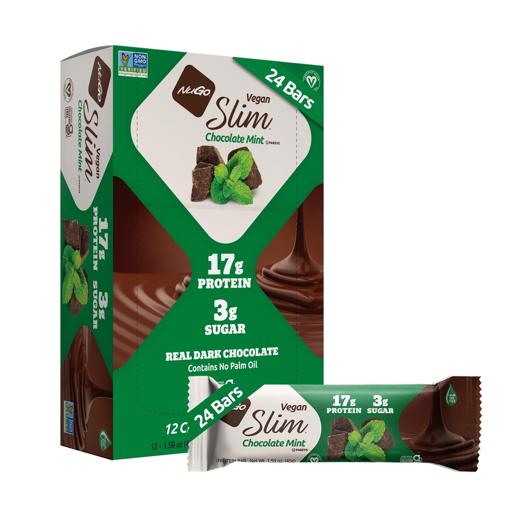 Nugo Slim Dark Chocolate Mint, 18g Vegan Protein, 3g Zucker, 6g Fiber, Low Net Carb, Keto Friendly, Glutenfrei, 24 Count
