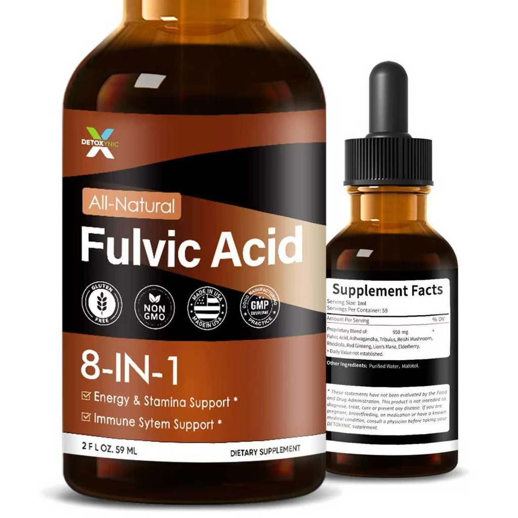 DETOXYNIC Liquid Fulvic Acid Drops for Energy Stamina & Immune System, Humic Fulvic Acid Supplement with Herbal Extract Ashwagandha Red Ginseng Elderberry | Vegetarian, Non-GMO & Gluten Free | 2 fl oz, 2-Month Supply