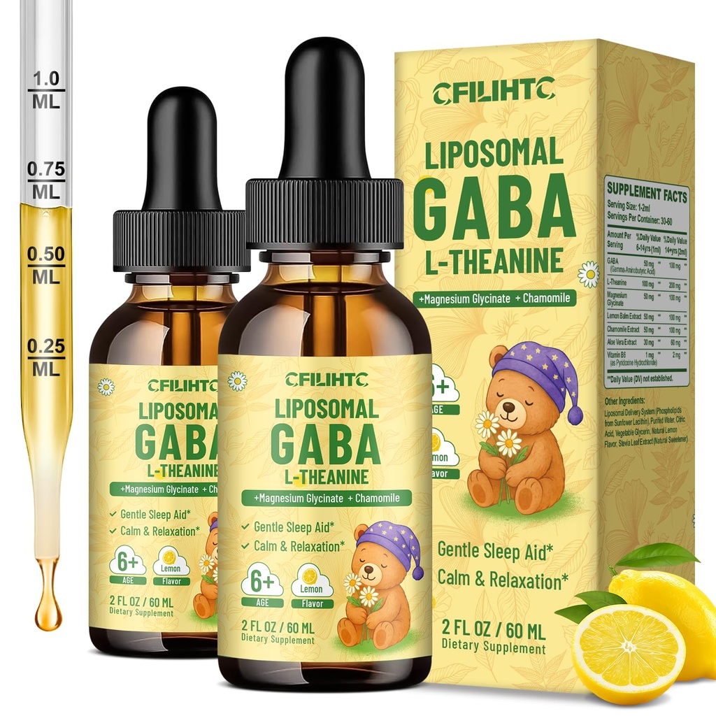 2 Pack Liposomal GABA L-Theanine Drops for Kids - Liquid GABA Supplement with Magnesium, Chamomile, Lemon Balm & Vitamin B6 - Support Relaxation, Focus & Stress Relief for Kids & Adults - Lemon