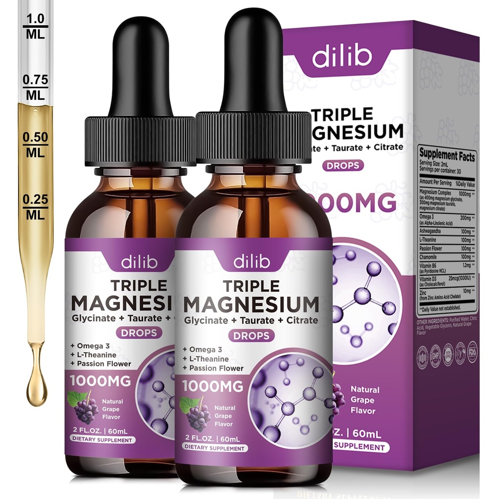 2 Pack Liquid Magnesium Glycinate Supplement, Calm Magnesium Citrate, Taurate Drops with Omega 3, Zinc, Ashwagandha, L-Theanine, Chamomile for Sleep, Mood, Stress Relief, Bone, Muscle, Grape Flavor
