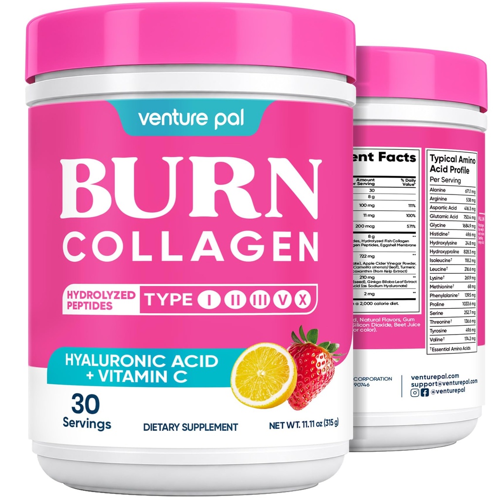 Venture Pal Collagen Burn Powder for Metabolism Support - Multi Collagen Peptides with L-Carnitine, Green Tea & Hyaluronic Acid for Skin, Hair, Nails - 30 Servings