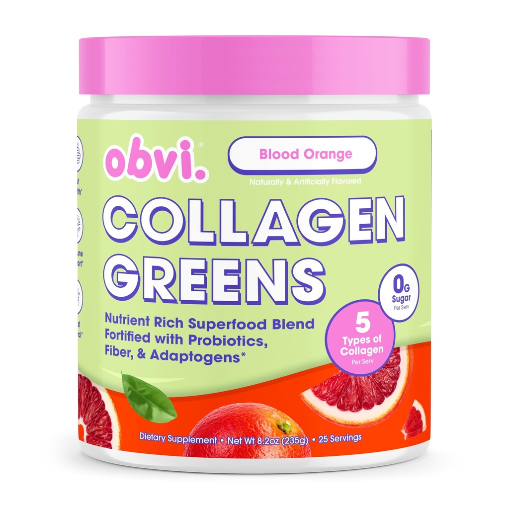 Obvi Collagen Greens - Collagen Greens Powder for Overall Wellness - Nutrient-Rich Superfood Blend - Healthy Digestion - Radiant Skin - Blood Orange Yuzu - 8.2 oz (25 Servings)