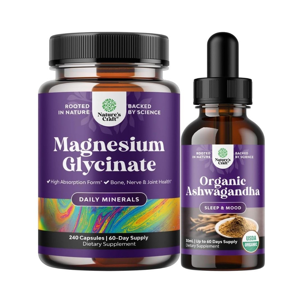 Bundle of High Absorption Magnesium Glycinate Capsules for Calming Sleep Plus Muscle Bone & Nerve Support and Vegan Liquid Ashwagandha Root Extract for Energy Stress and Mood Support