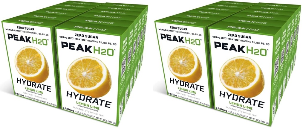 PeakH20 Electrolytes Powder Hydration Packets | Lemon Lime | 72 Servings | Sugar Free Water Flavor Packets for Workout Recovery (Pack of 2)
